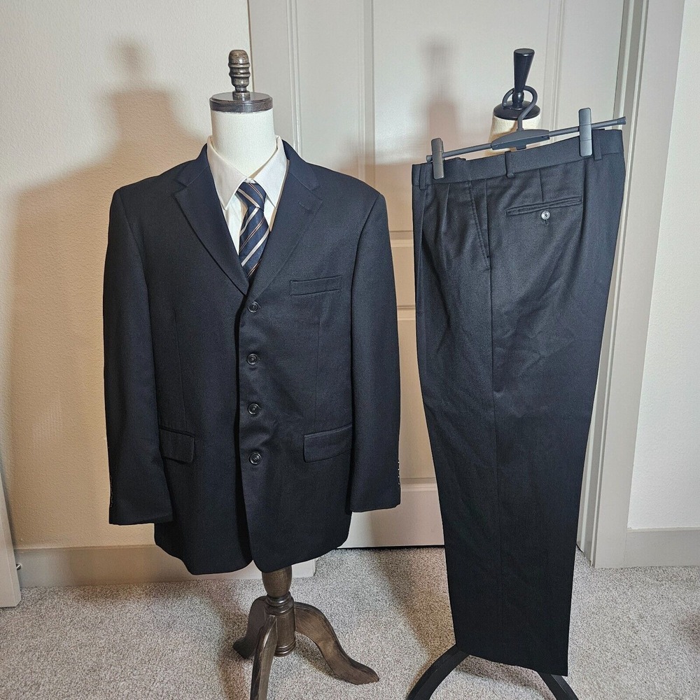 Linea Uomo 2PCs Suit Blazer Men 43R Pants 38x30 100% Wool Black‎